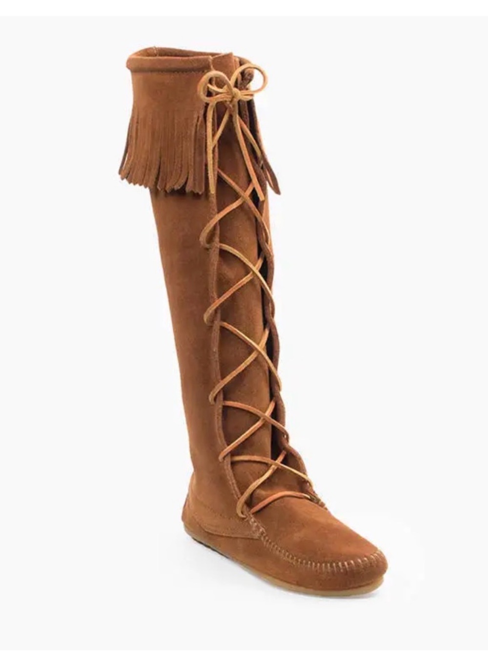 Minnetonka Fringe Lace-Up Over-the-Knee Suede Boots in Chestnut - Picture 3 of 7